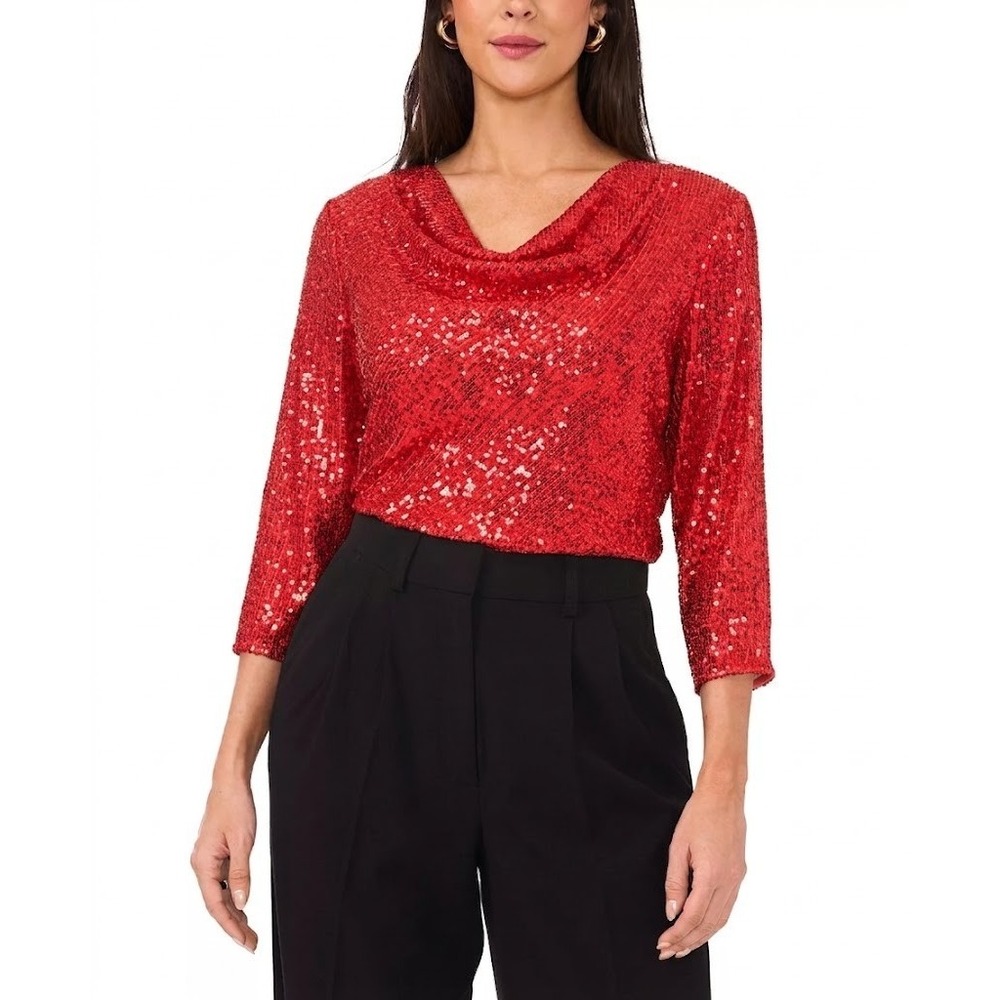 Vince Camuto Women's Sequined Cowlneck 3/4-Sleeve Top Size XL Red